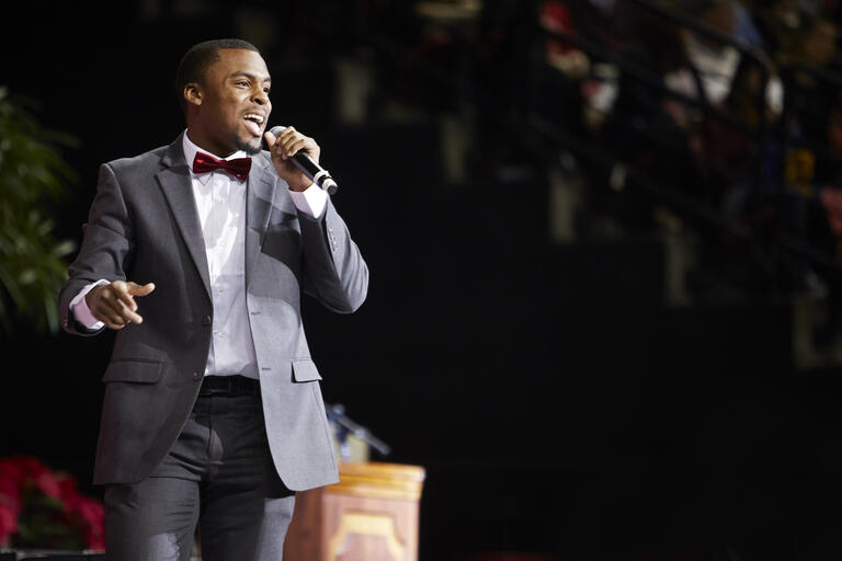Tre Norman performs during Winter Commencement