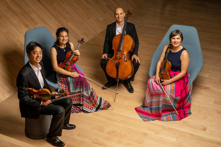 four musicians sitting while holding stringed instruments