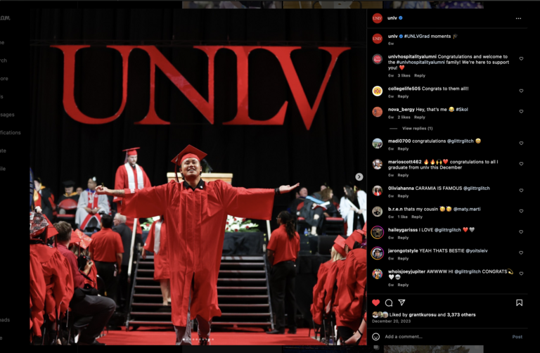 Screencapture of UNLV's Instagram featuring a recent graduate walking down the aisle after accepting their diploma