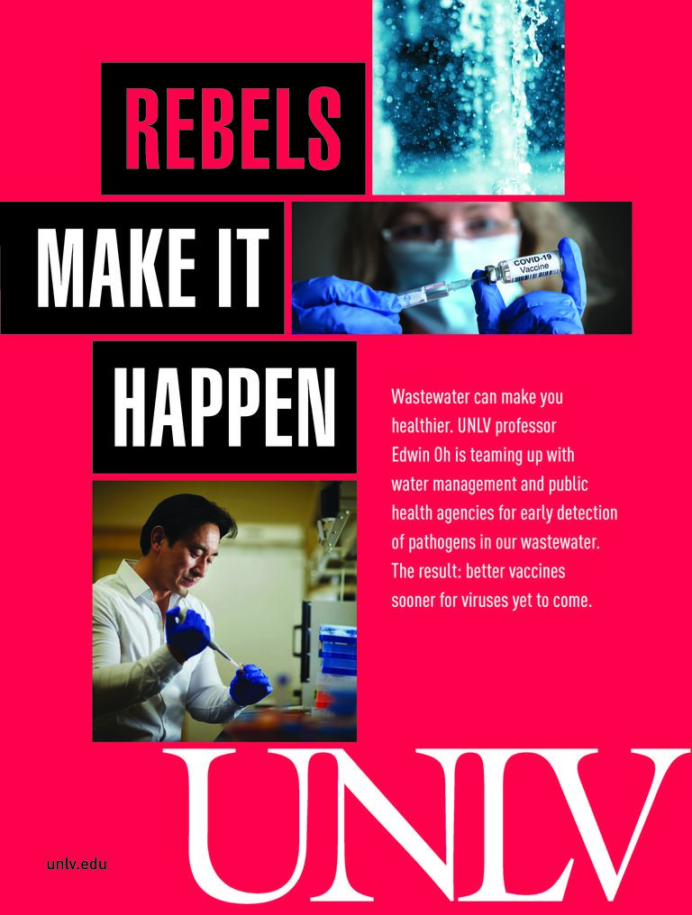 Rebels Make it Happen ad with with liquid falling, COVID-19 vaccine, and buff scientist piping liquid into a tube