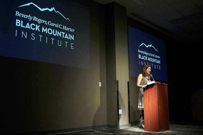 Poet Heather Winterer reads selections from her book "The Two Standards" during the Black Mountain Institute Alumni Reading Series