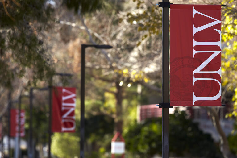 Red U.N.L.V. banner with white letters hanging from light pole